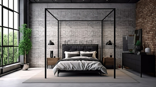 3D 渲染的时尚阁楼卧室配有时尚的黑钢家具和白色砖墙