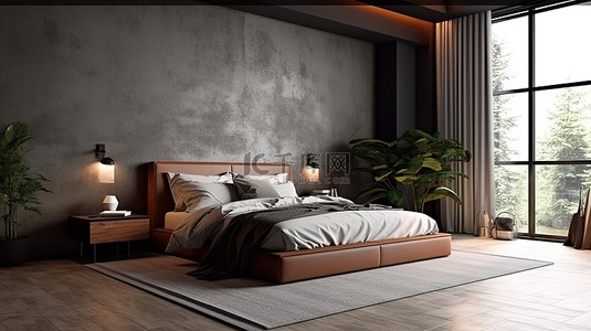 客房背景图片_时尚的棕色和灰色卧室配有毛绒地毯和时尚的设计元素 3D 渲染