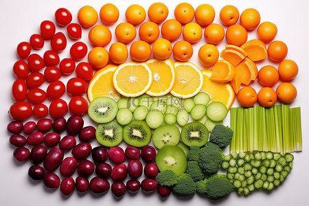 彩虹般的蔬菜和水果，包括西红柿橙子和胡萝卜