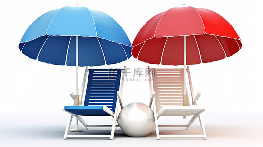 白色和蓝色沙滩家具套装 3D 渲染，白色背景上设有躺椅雨伞救生圈和沙滩球
