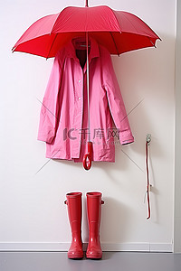 一把带粉色雨衣和红色雨鞋的雨伞