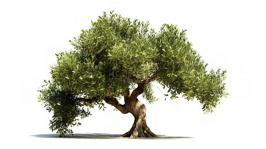 橄榄logo背景图片_白色背景的 3D 插图显示一棵放大的橄榄树，绿叶茂盛