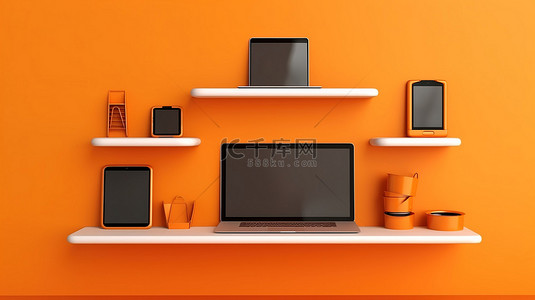 橙色墙架，水平背景上配有笔记本电脑手机和数字平板电脑 3D 插图