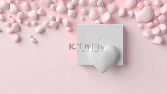 浪漫模板背景图片_情人节和婚礼的心形礼品盒和卡片样机模板 3D 顶视图渲染