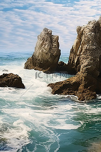 海滩岩石在海洋中，有海浪