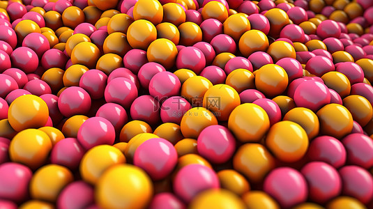充满活力的 3D 艺术品一堆抽象的粉色和黄色球体