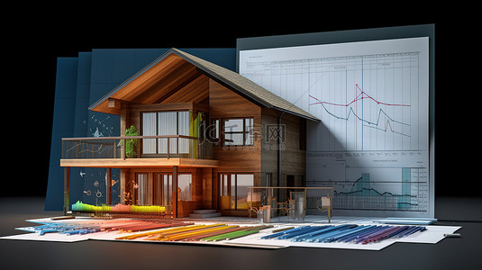 房屋立面背景图片_房屋正在进行放大装修 3D 渲染，包含能量图表蓝图和文件