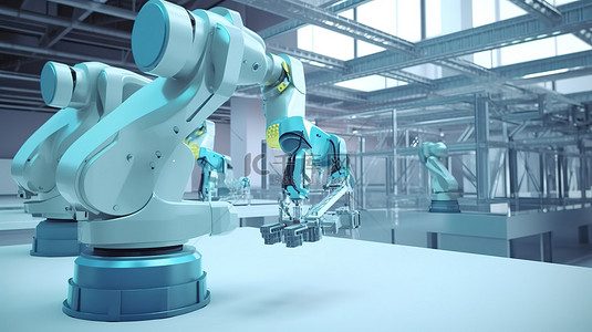 工厂运营机器人手臂通过 3D 渲染进行操作