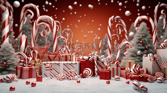 节日圣诞节背景 圣诞节横幅上红色礼物和拐杖糖的 3D 插图