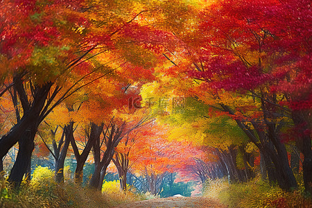秋天的入口处种满了色彩缤纷的树木