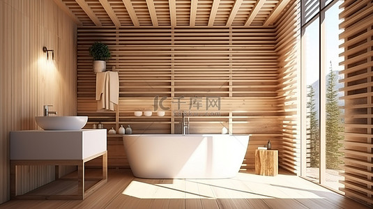 时尚的浴室设有木格子墙 3D 渲染，阳光照亮空间