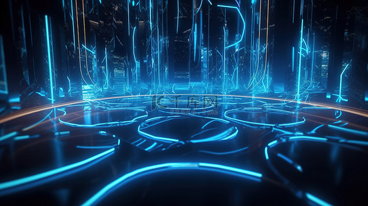 散景和光迹在 3D 渲染中包含抽象的蓝色霓虹灯背景
