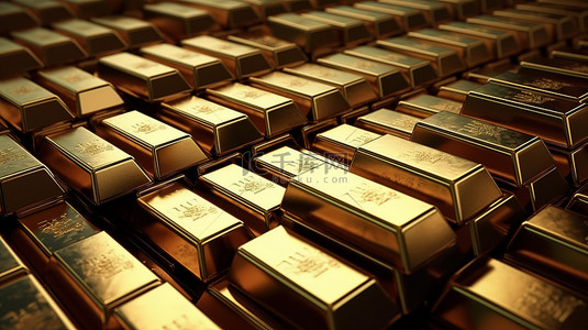 闪闪发光的金元宝背景图片_闪闪发光的财富存储中堆积的金条的特写 3D 渲染