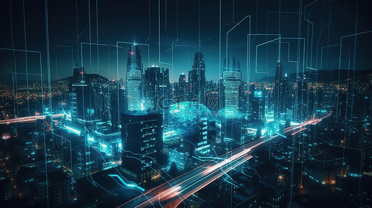 具有人工智能技术和智能设计的全息图城市的未来城市景观 3D 渲染运动图形