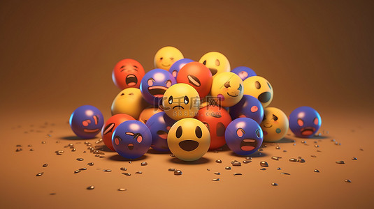 Facebook 反应表情符号的气球符号在 3D 渲染中在社交媒体的棕色背景上呈现