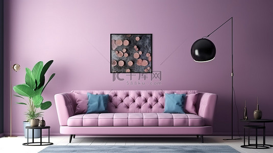 现代紫色沙发和充满活力的装饰将客厅变成色彩缤纷的天堂 3D 渲染
