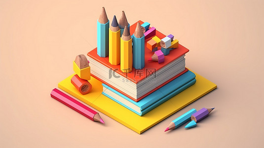课程英语背景图片_等距设计理念是 3D 书籍和铅笔教育的现代转折