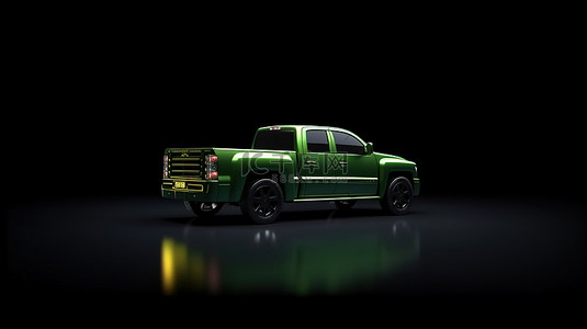 绿色皮卡车背景图片_3D 渲染的黑色背景展示了一辆充满活力的绿色皮卡车