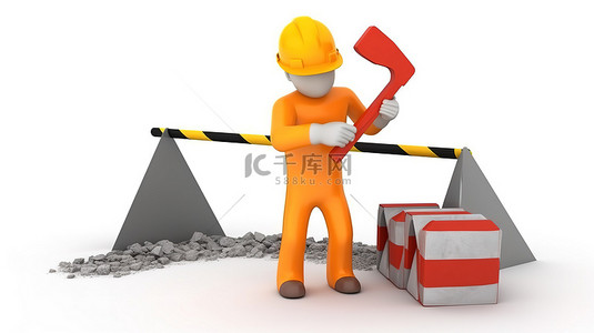 建筑工人操作带有正在施工标志的手提钻