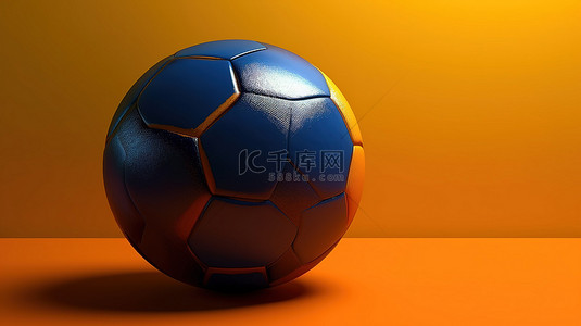 足球蓝色背景图片_橙色背景与 3d 渲染的蓝色和黄色皮革足球