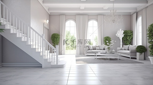 天花板客厅背景图片_通往客厅二楼的白色楼梯以 3D 渲染