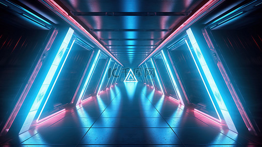 使用激光隧道技术的霓虹灯三角形走廊门的 3D 插图