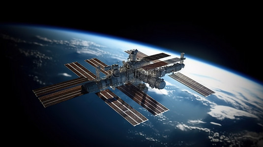 运行轨道背景图片_国际空间站 ISS 在地球大气层上方运行的 3D 渲染