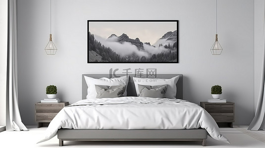 卧室的 3D 渲染在墙上展示了海报框架，辅以舒适的床枕头和白色背景的床头柜
