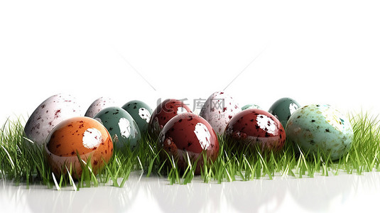 3d 在白色背景上渲染的复活节彩蛋，周围环绕着茂密的草