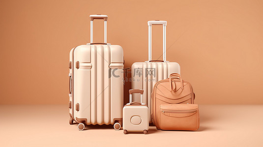 假期旅游海报背景图片_时尚奶油色行李样机的 3D 插图