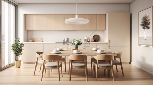 厨房简笔背景图片_模型餐厅中米色餐桌椅和厨房橱柜的 3D 渲染