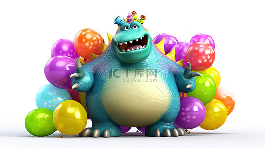 具有幽默感的胖恐龙，在 3D 中抓着充满活力的气球