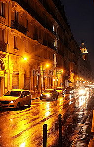 巴黎夜晚的一条街道上行驶着汽车