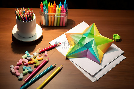 白色桌子上的艺术作品，上面有彩色蜡笔