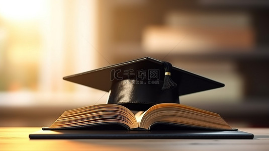 黑色学位帽放在一本打开的书上的 3D 渲染，浅色背景体现了高等教育和学习的理念