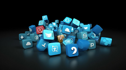 蓝色背景 3d 社交媒体图标浮动概念