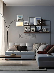 现代蓝色背景图片_客厅有灰色的墙壁和一张大沙发