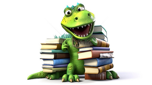 一个幽默的 3D 恐龙人物抓着一摞书