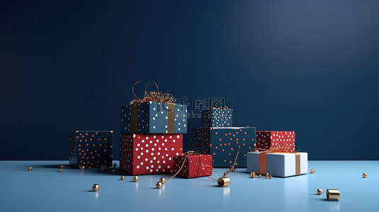 金框丝带背景图片_蓝色背景上带丝带和圆点的圣诞和新年概念彩色礼盒