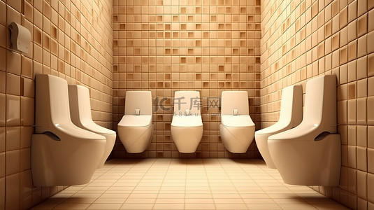 浴室配有白色 3D 陶瓷马桶，背景为棕色瓷砖墙壁和地板