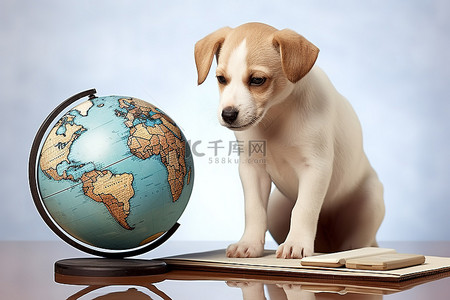 动物动物世界背景图片_使用笔记本电脑和世界地球仪的小狗