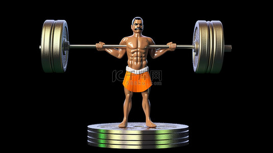 一个肌肉发达的人举起沉重的印度卢比杠铃的 3D 插图