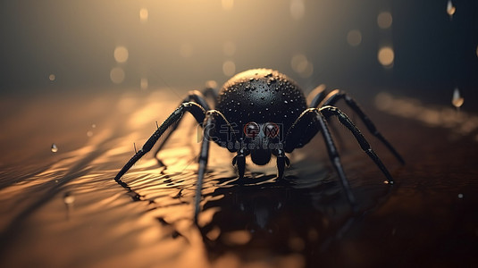蜘蛛昆虫背景图片_诡异而可爱的 3D 渲染，一只被网缠住的黑蜘蛛，非常适合万圣节装饰