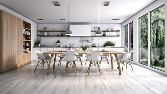 受北欧启发的 3D 渲染的现代木质厨房和餐厅