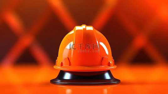 带有橙色背景安全帽和交通锥的施工区 3D 插图