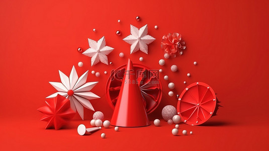 红色背景与 3d 渲染星星雪花锥形礼物和圣诞玩具的插图