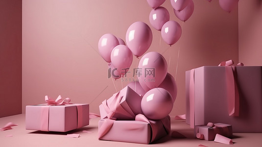 3d 渲染中被漂浮的粉红色气球包围的礼品盒