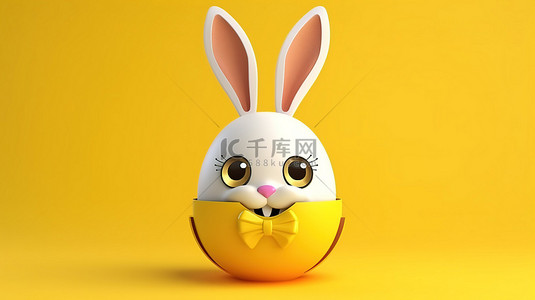 庆祝彩蛋背景图片_3D 渲染亮黄色背景，带有复活节彩蛋和兔耳形状的复活节兔子彩蛋