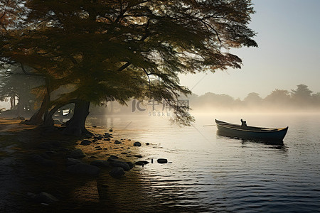 有水的地方背景图片_一艘船漂浮在水中，岸边有树木