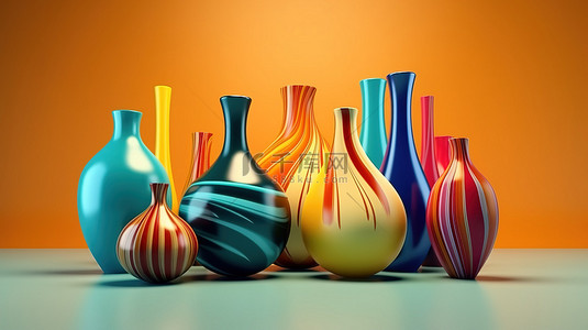 彩色花瓶背景图片_抽象图案和彩色花瓶的充满活力的排列 3D 插图